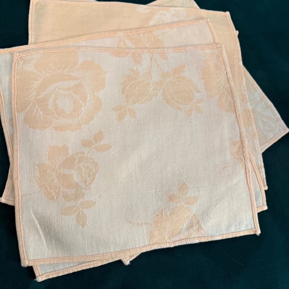 Set of 8 Peach Floral Jacquard Cloth Napkins Rose‎ Vine Pattern Elegant Dinner
